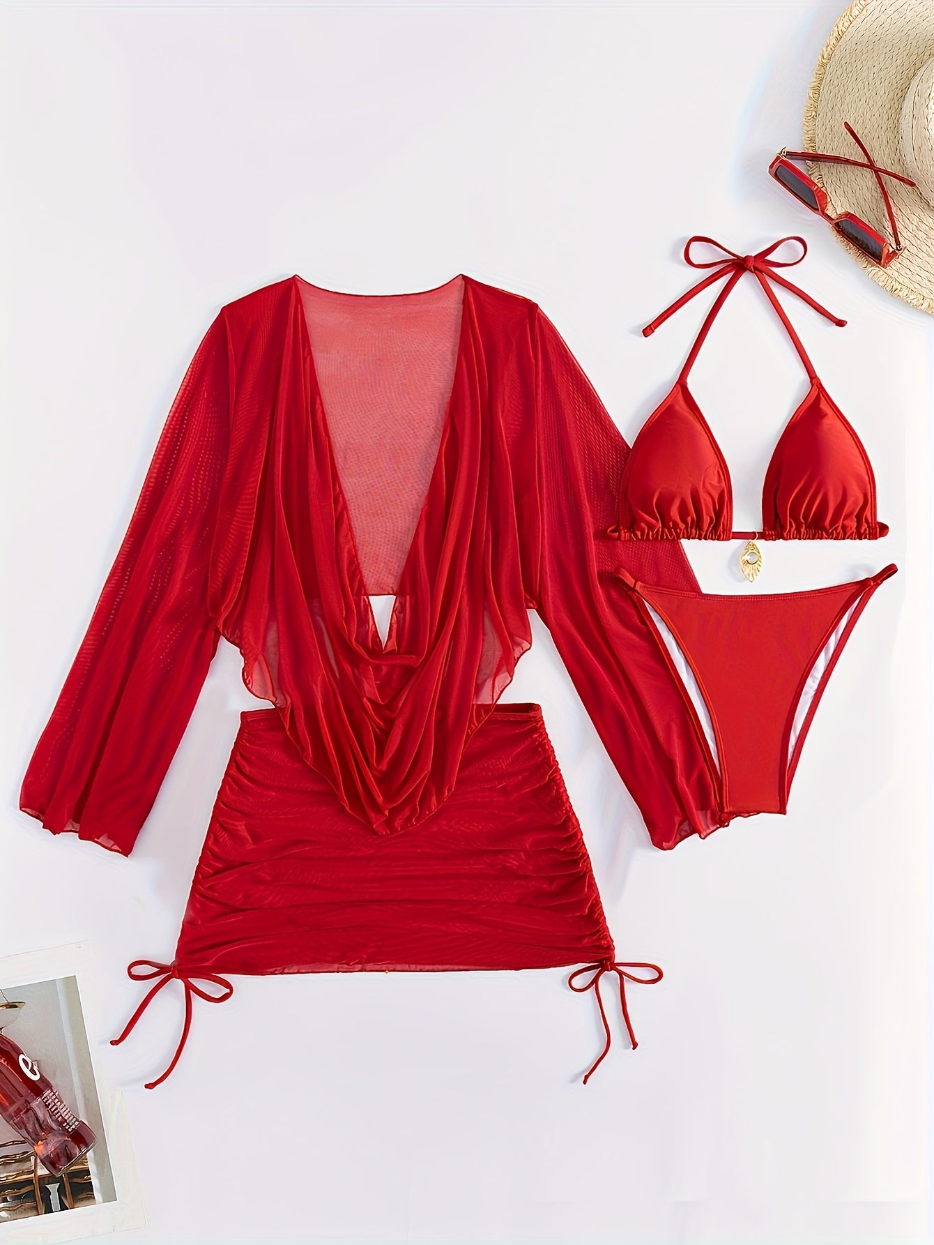4pcs Sexy Bikini Set with Sheer Red Cover-Up, High-Waisted Drawstring Swimsuit, Chic One-Shoulder Design - Polyester Blend, Machine Washable, Ladies Swimsuit